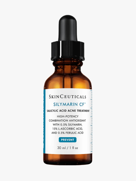 Silymarin CF in clear amber bottle with black pipette on light gray background