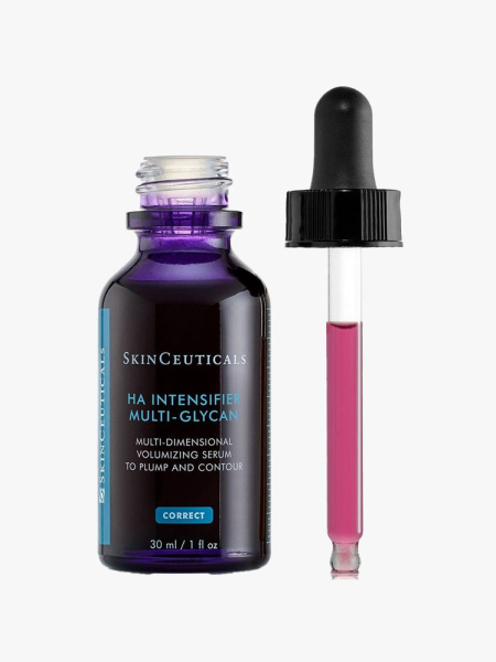 An open bottle and dropper of SkinCeuticals Hyaluronic Acid Intensifier Multi-Glycan on light gray background